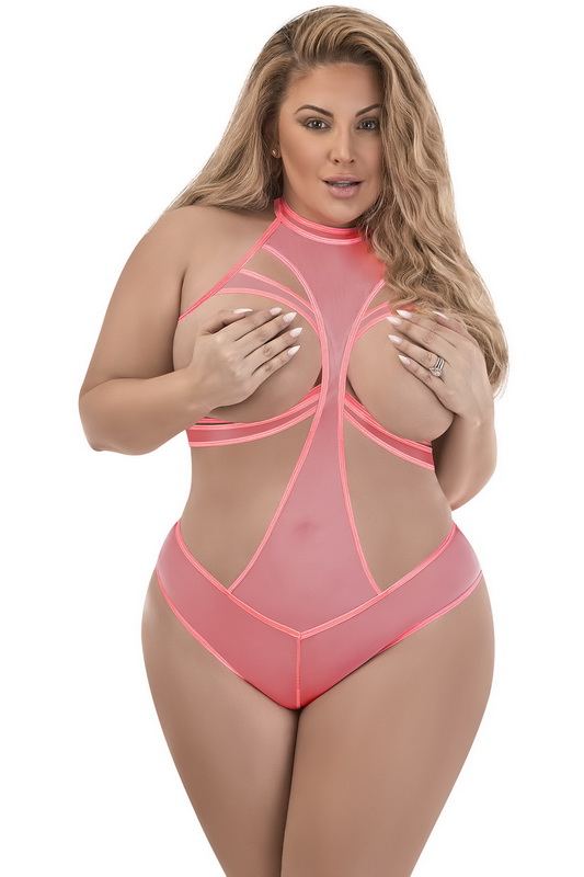 Plus Size Pink Mesh Cupless & Crotchless Teddy