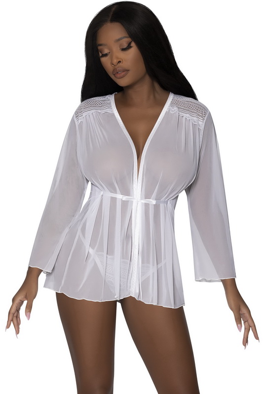 White Mesh Flowing Short Robe image 1