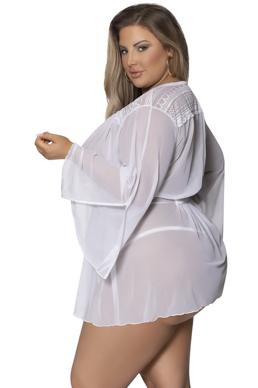 Plus Size White Mesh Flowing Short Robe image 1