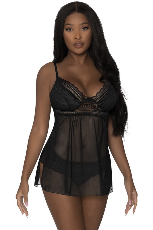 Black Mesh Lingerie Babydoll & Split Crotch Tanga Panty