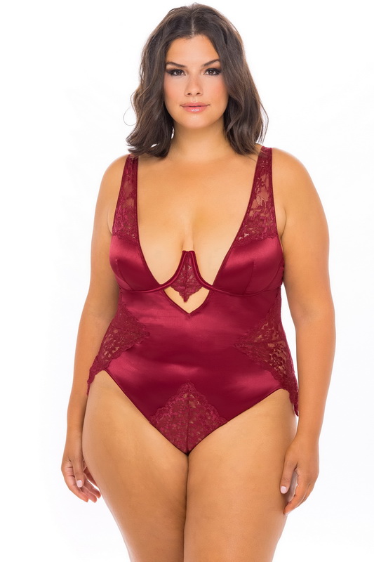 Plus Size Rhubarb Red Exposed Underwire Satin Lingerie Teddy