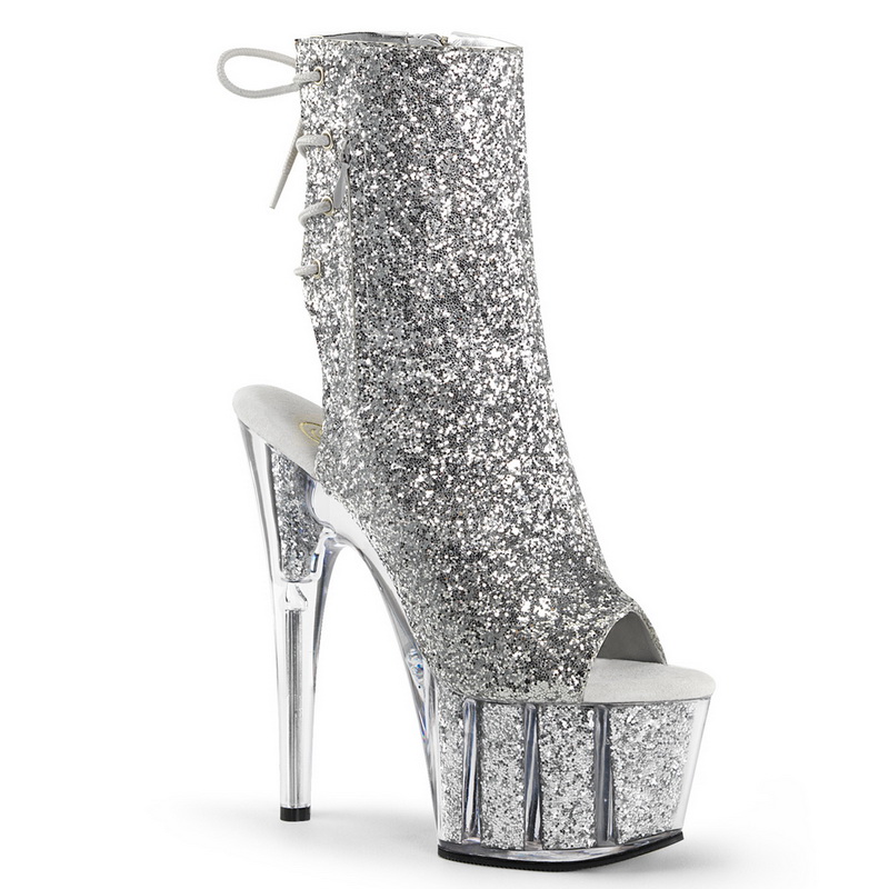 7" Heel Silver Glitter Open Toe Ankle Boots