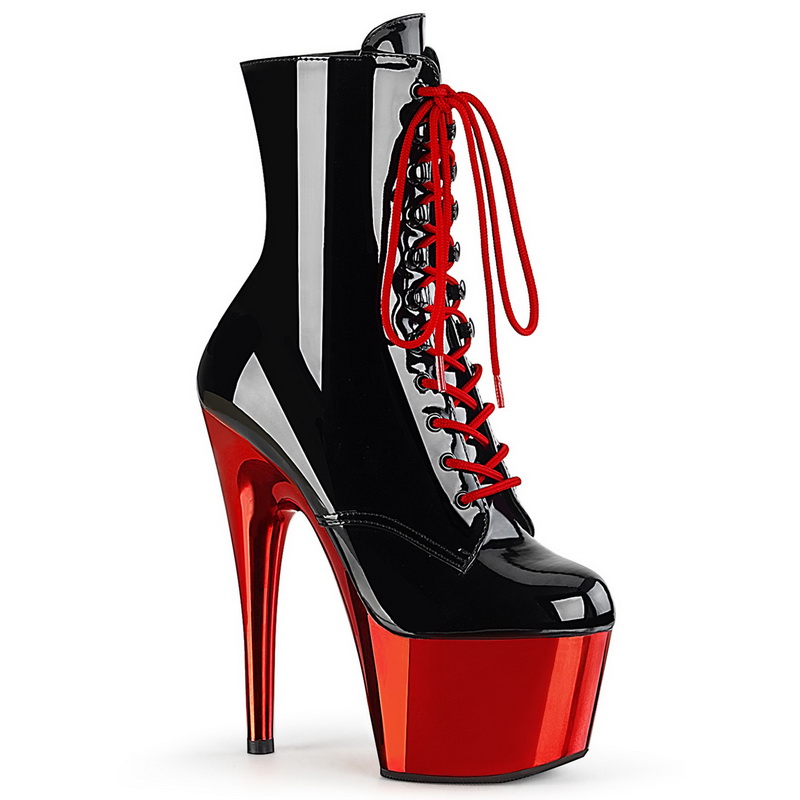 7" Heel Black Patent & Red Chrome Platform Ankle Boots