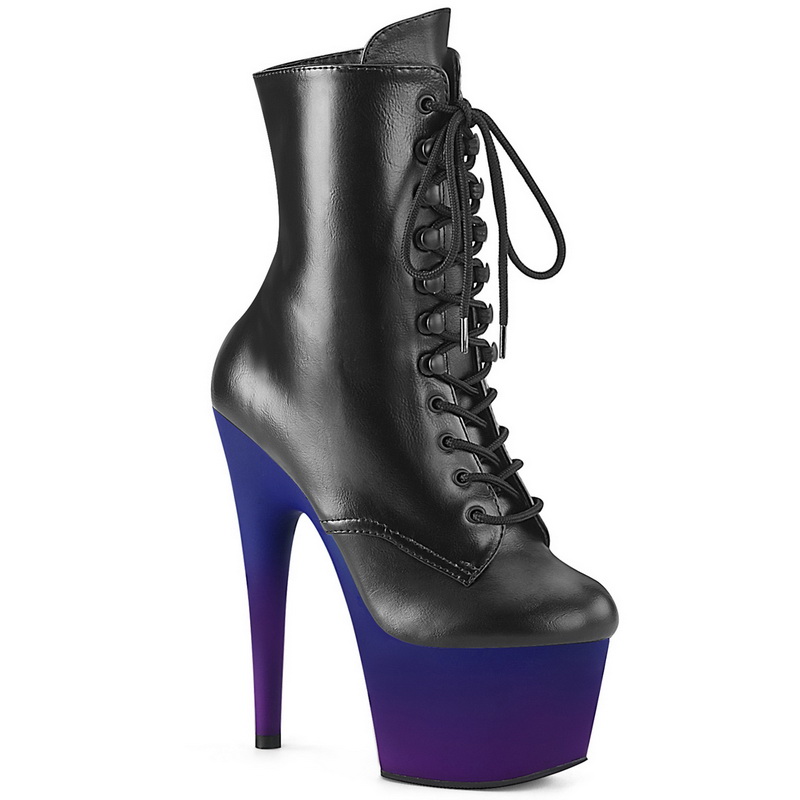 7" Heel Black Faux Leather & Ombre Platform Ankle Boots
