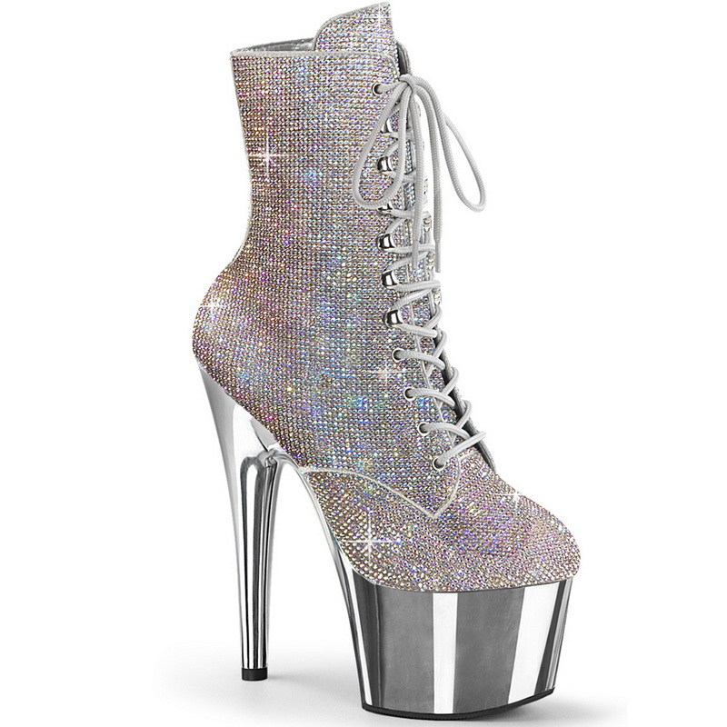 7" Heel Silver Multi Rhinestone Embellished Ankle Boots