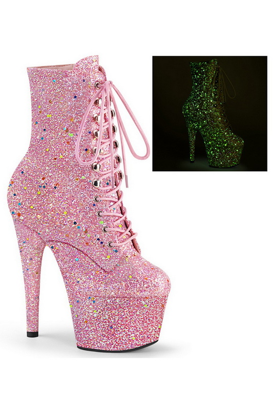 7" Heel Pink Glitter Blacklight Reactive Ankle Boots