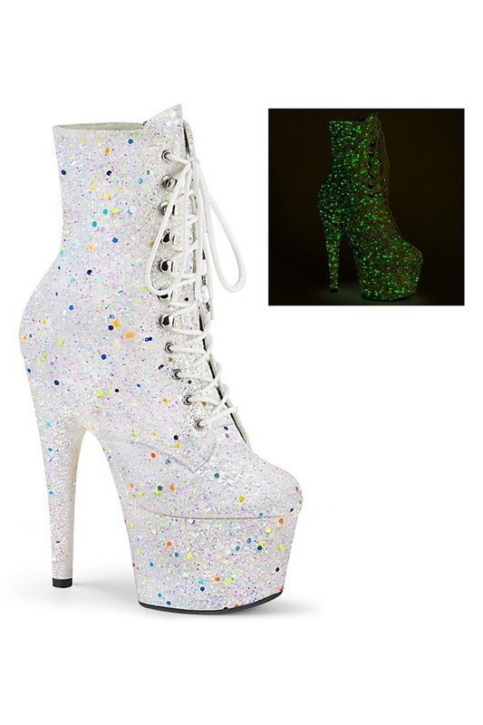 7" Heel White Glitter Blacklight Reactive Ankle Boots