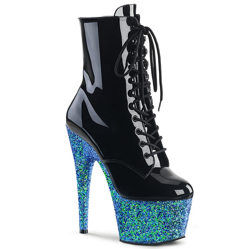 7" Heel Blue Multi Glitter Lace-Up Ankle Boots