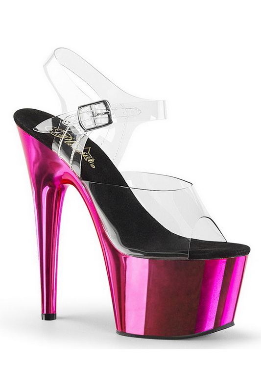 7" Heel Hot Pink Chrome Plated Platform Ankle Strap Sandals