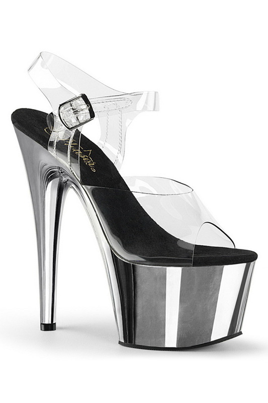 7" Heel Silver Chrome Plated Platform Ankle Strap Sandals