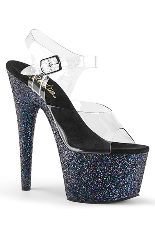 Black Holographic Glitter 7" Ankle Strap Sandals