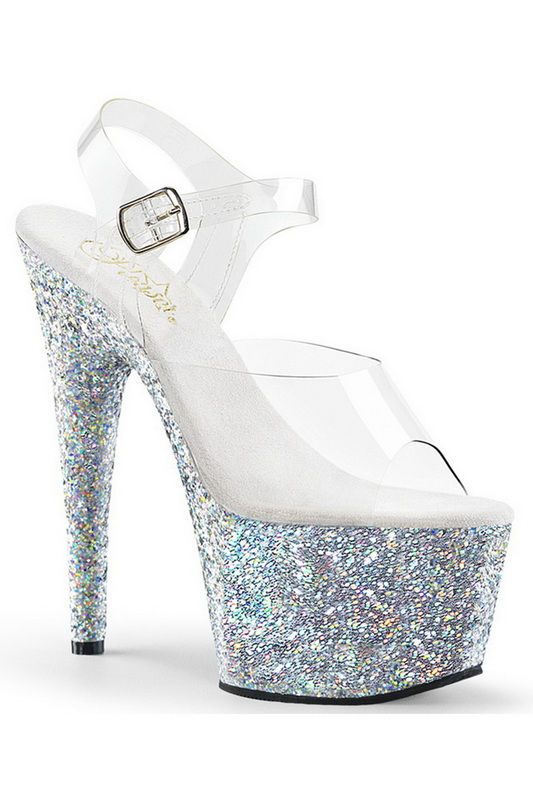 Silver Holographic Glitter 7" Ankle Strap Sandals