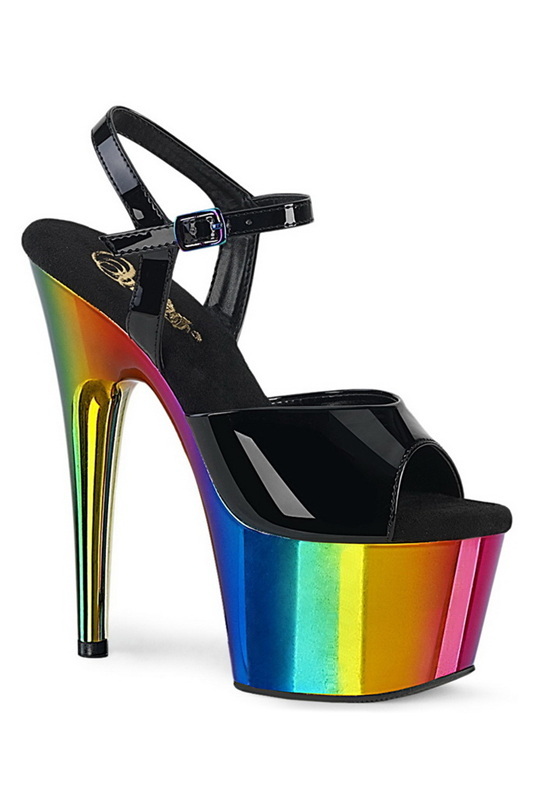 7" Heel Black & Rainbow Chrome Platform Ankle Strap Sandals