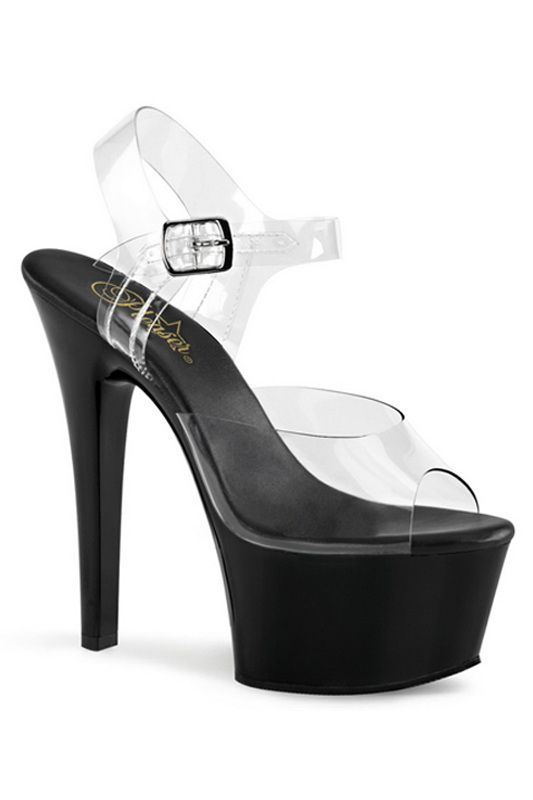 6" Heel Clear & Black Platform Ankle Strap Sandals