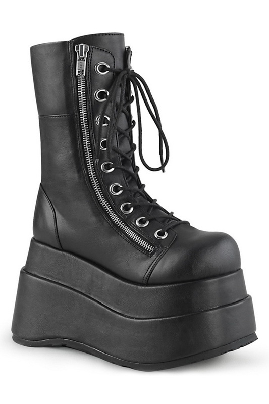 4 1/2" Tiered Platform Black Vegan Leather Lace-Up Boots