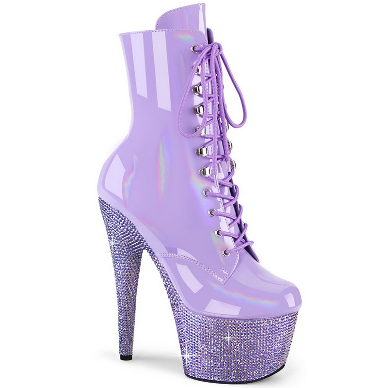 7" Heel Purple Hologram & Rhinestone Encrusted Platform Ankle Boots