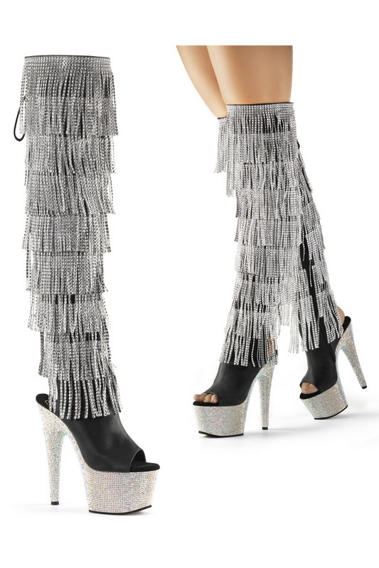 7" Heel Black Rhinestone Fringe Over The Knee Boots