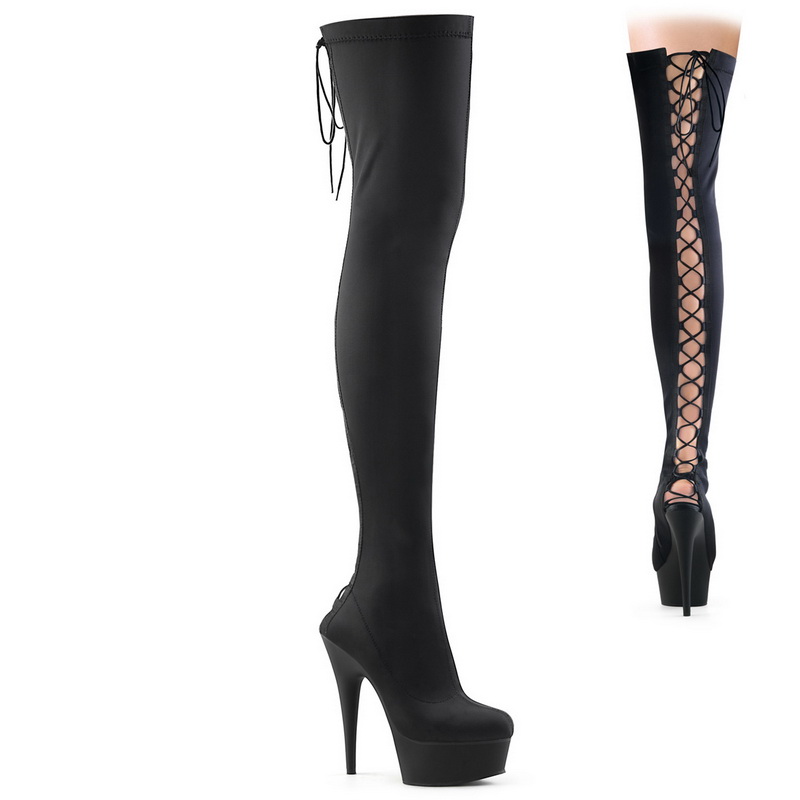 6" Heel Black Lycra Lace Up Thigh High Boots