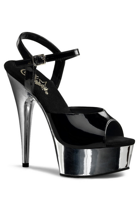 6" Heel Black & Silver Patent Chrome Plated Sandals