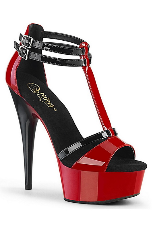 6" Heel Red & Black T-Strap Sandals