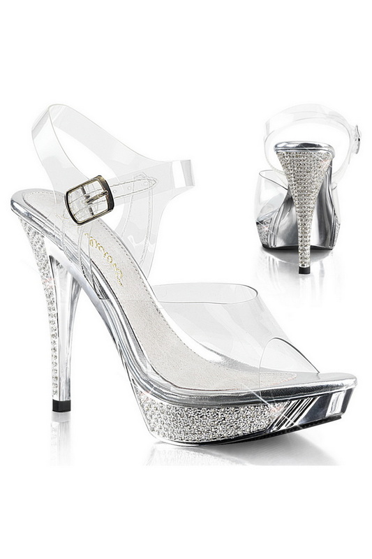 4 1/2" Heel Silver Chrome Ankle Strap Sandals