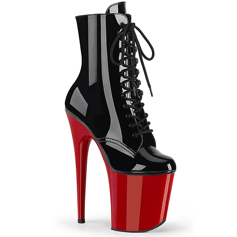 8" Heel Black & Red Platform Lace-Up Front Ankle Boots