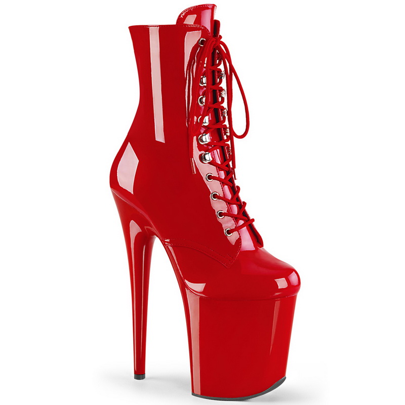 8" Heel Red Patent Lace-Up Front Ankle Boots