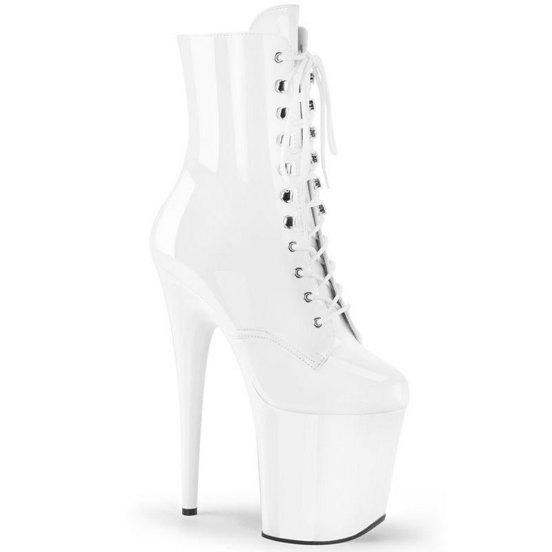 8" Heel White Lace-Up Front Ankle Boots
