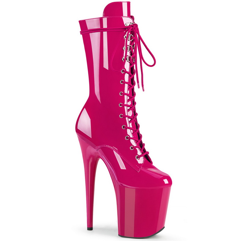8" Heel Hot Pink Platform Lace-Up Front Mid Calf Boots