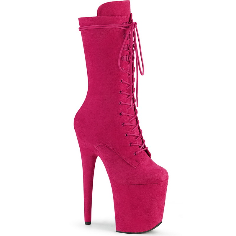 8" Heel Hot Pink Faux Suede Platform Lace-Up Front Mid Calf Boots