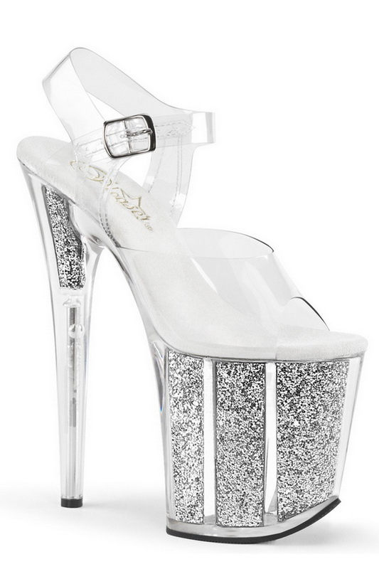 8" Heel Silver Glitter Platform Ankle Strap Sandals