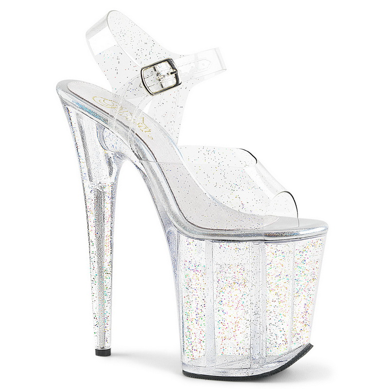 8" Stiletto Heel Mini Iridescent Glitter Ankle Strap Sandals