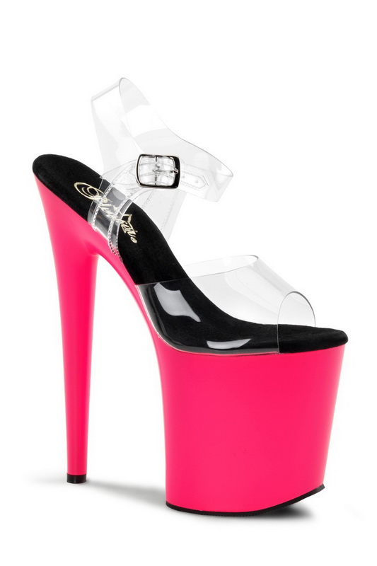 8" Heel Neon Pink UV Reactive Ankle Strap Sandals
