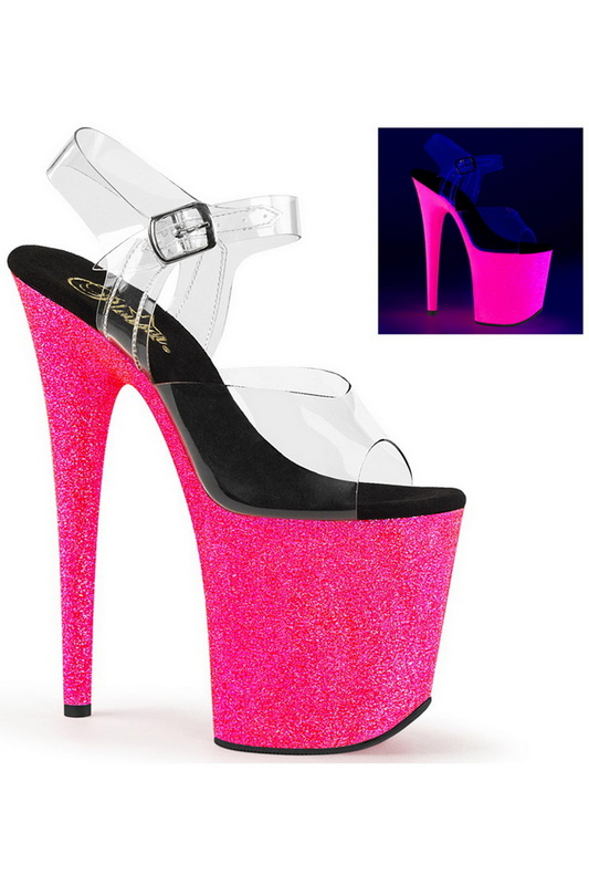 8" Heel Hot Pink Glitter UV Reactive Ankle Strap Sandals