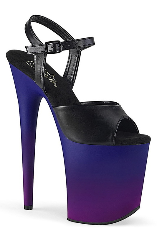 8" Heel Black Faux Leather & Ombre Platform Ankle Strap Sandals