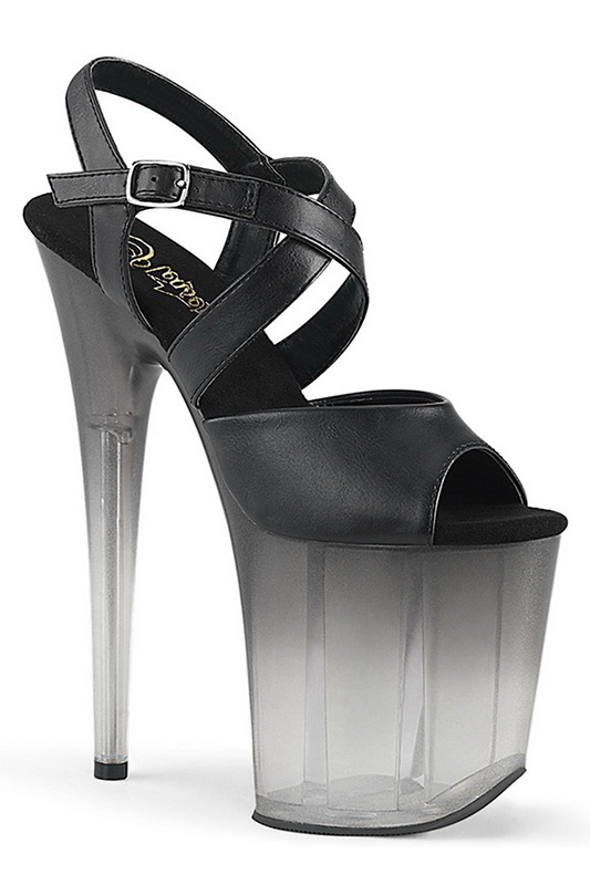 8" Heel Black Faux Leather & Faded Platform Ankle Strap Sandals