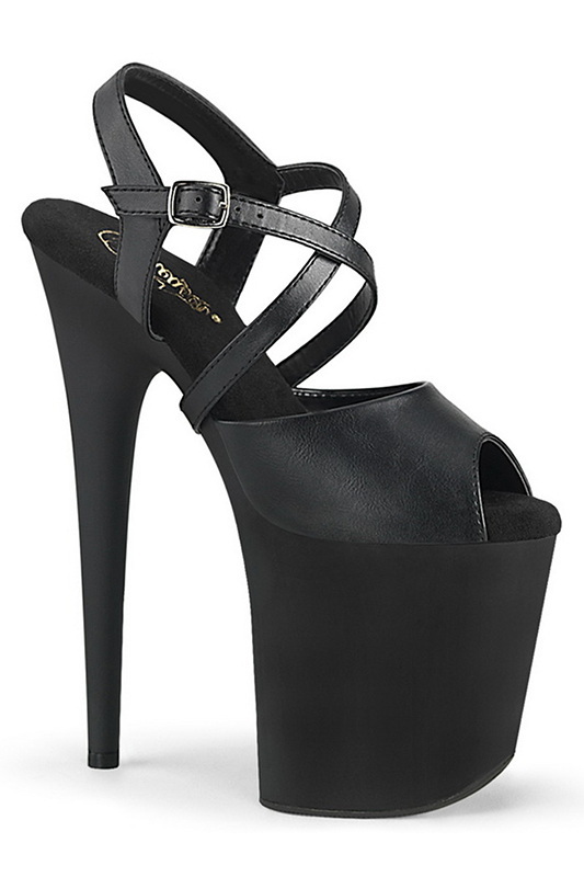 8" Heel Black Faux Leather Peep Toe Ankle Strap Sandals