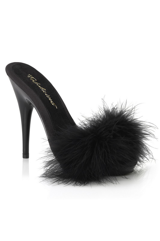 5" Heel Black Satin Marabou Sandals