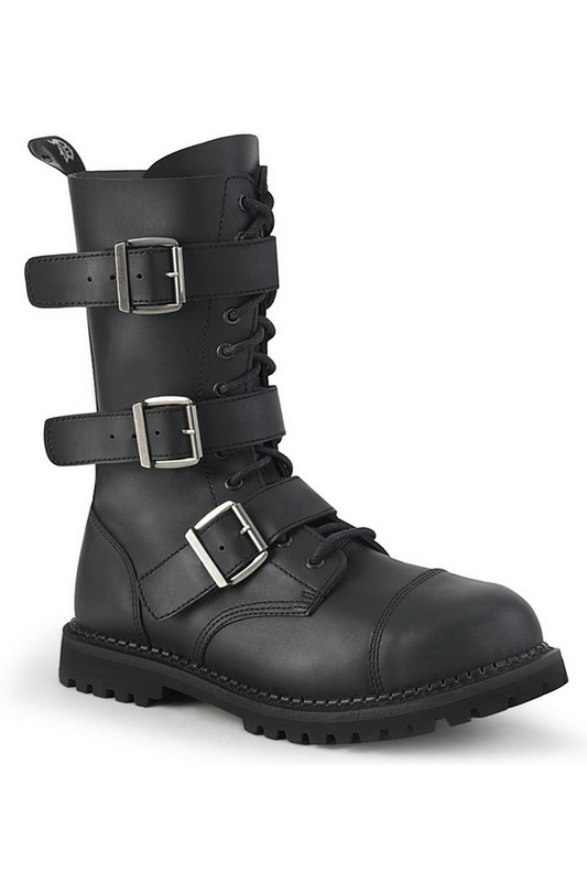 Demonia Black Vegan Leather Unisex Triple Buckle Ankle Boots