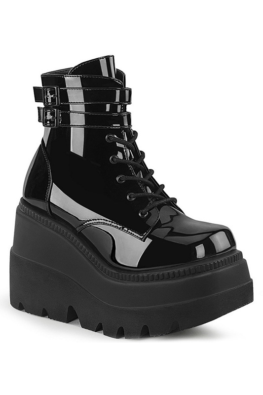 4 1/2" Stacked Wedge Black Patent Ankle Boots