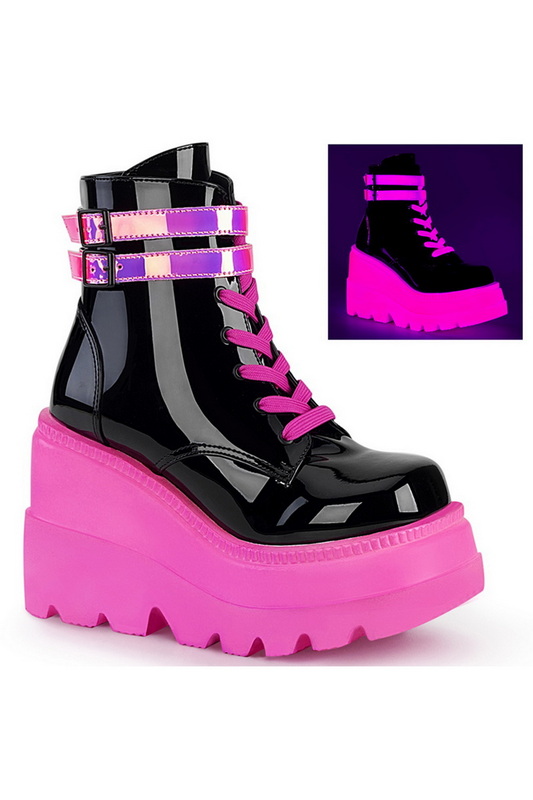 4 1/2" Stacked Wedge UV Neon Pink Ankle Boots