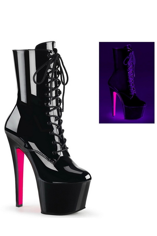 7" Heel Black Patent Lace-Up Ankle Boots