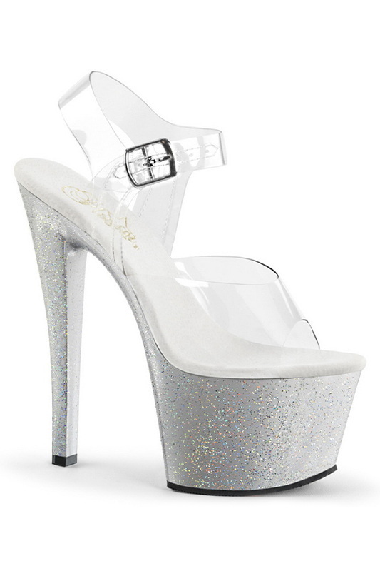 7" Heel Silver Mini Iridescent Glitter Ankle Strap Sandals