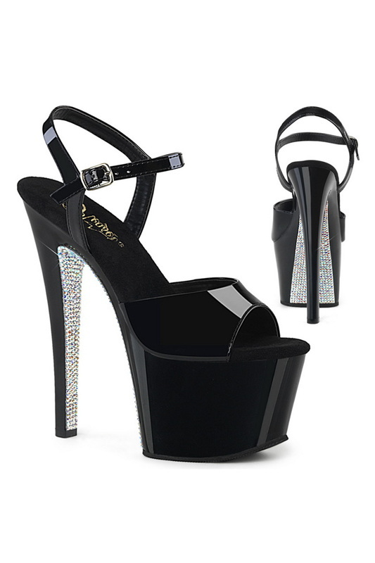 7" Heel Black Patent & Rhinestones Ankle Strap Sandals