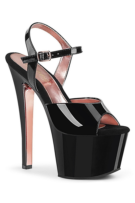 7" Heel Black & Rose Gold Ankle Strap Sandals