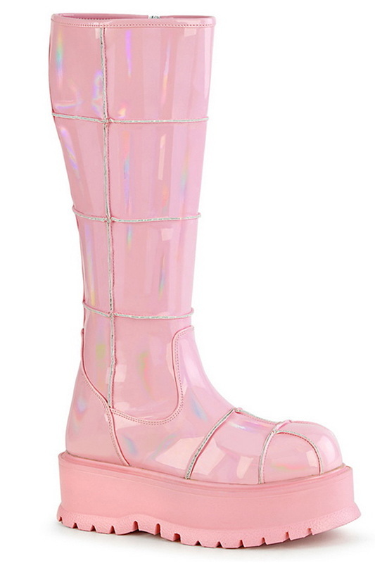 2" Platform Baby Pink Hologram Knee High Boots