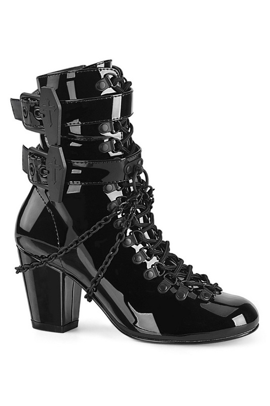 3" Block Heel Black Patent Ankle Boots