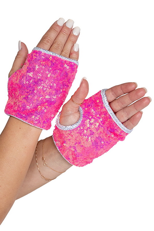 Hot Pink Open Finger Sequined Gloves