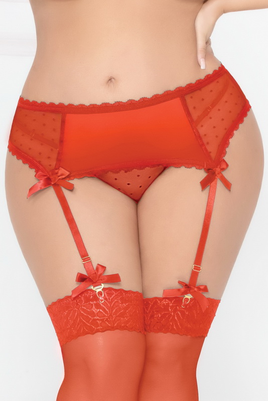 Plus Size Dot Mesh Garterbelt Set