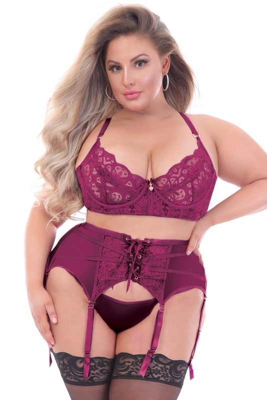 Plus Size Festive Wine Satin & Lace Bra Set